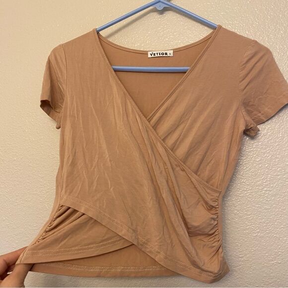 VETIOR Solid tan beige 100% modal Short Sleeve wrap front Crop Top Shirt Small - Picture 3 of 9